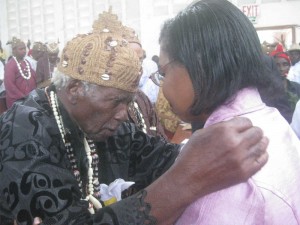 The Paramount Chief of Buea HRH Chief SML Endeley blesses Dr Nalova Lyonga after her inauguration as VC of UB