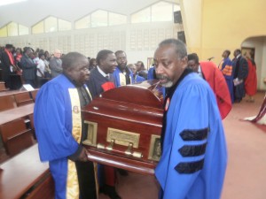 The colleagues of late Prof McMoli take out her casket from the UB Amphi 750 after Academic Honours