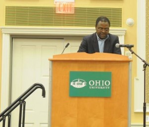 Professor Francis Nyamnjoh speaks at the prize-giving ceremony at Ohio University
