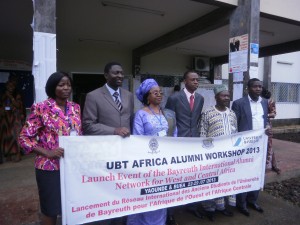 Cameroonian coordinators of DAAD & Bayreuth Alumni in a family pic with UB's Prof. Ngoh(in red tie)