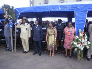 Minister of Higher Education, Prof Jacques Fame Ndongo (Dark suit), UB’s Vice Chancellor, VC, Dr Nalova Lyonga (Gold dress) 
