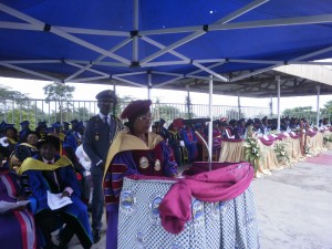 Dr. Nalova Lyonga, UB VC delivering her speech to the freshmen and guests at the matriculation ceremony
