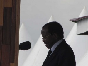 President Paul Biya giving a speech after laying a foundation stone for Wouri River second bridge