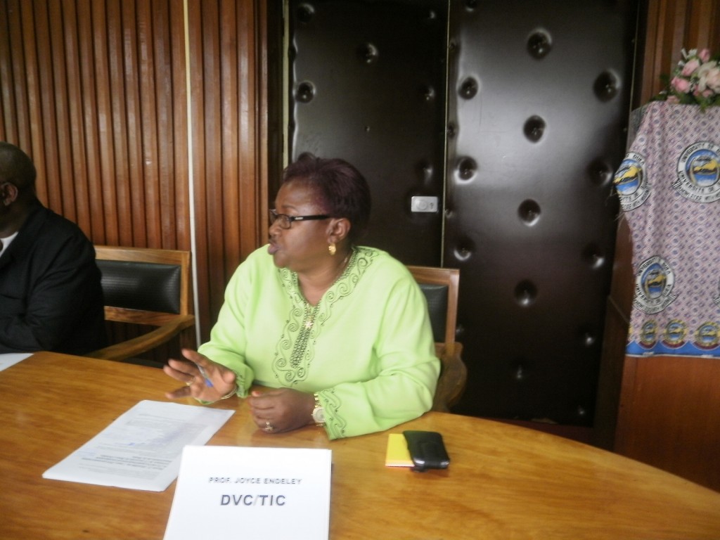 Prof. Joyce Endeley, Deputy Vice Chancellor, UB, makes a point at the press conference
