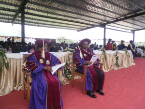 UB VC, Dr Nalova(R) and Pro-Chancellor, Prof. Tchuente sitted in positions to confer doctoral degrees to graduates from UB at 18th convocation ceremony