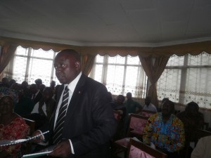 Chief William Ekong Sakwe, Mayor of Mbonge Council, makes a point at the launch of the 2014 reforestation campaign in Buea